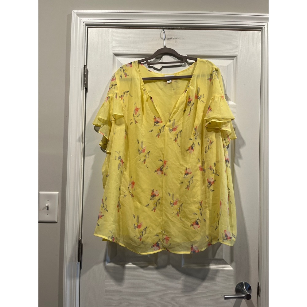 Ava & Viv Yellow Floral Ruffle Sleeve V-Neck Chiffon Blouse Plus Size 4X